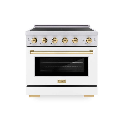 ZLINE Autograph Edition 36 in. 5.2 cu. ft. Paramount Induction Range with 5 Element Cooktop and Electric Convection Oven in Satin Stainless Steel with White Matte Door and Polished Gold Accents (SINRSZ-WM-36-G) main image.