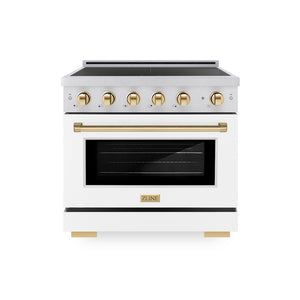 ZLINE Autograph Edition 36 in. 5.2 cu. ft. Paramount Induction Range with 5 Element Cooktop and Electric Convection Oven in Satin Stainless Steel with White Matte Door and Polished Gold Accents, Open Box-Good Condition main image.
