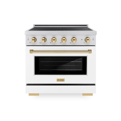 ZLINE Autograph Edition 36 in. 5.2 cu. ft. Paramount Induction Range with 5 Element Cooktop and Electric Convection Oven in Satin Stainless Steel with White Matte Door and Polished Gold Accents, Open Box-Good Condition