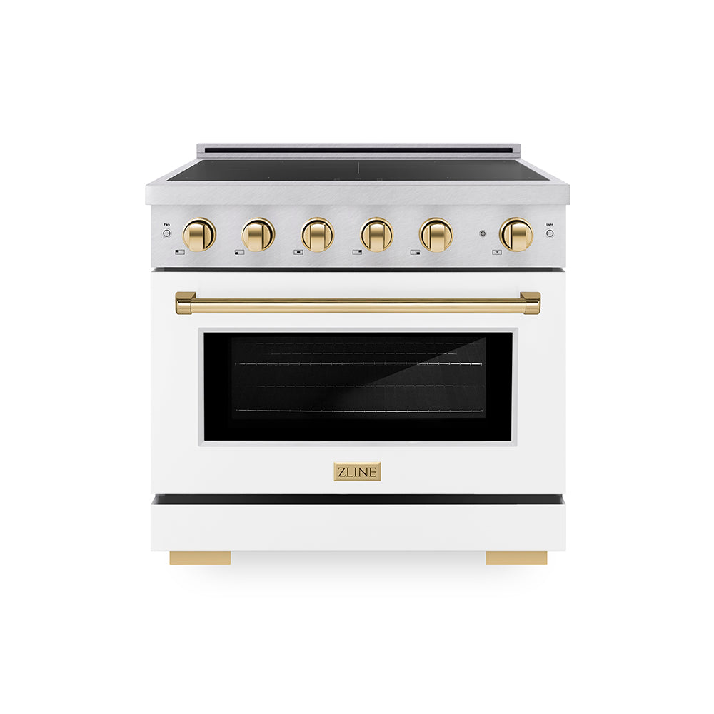 ZLINE Autograph Edition 36 in. 5.2 cu. ft. Paramount Induction Range with 5 Element Cooktop and Electric Convection Oven in Satin Stainless Steel with White Matte Door and Polished Gold Accents, Open Box-Great Condition main image.