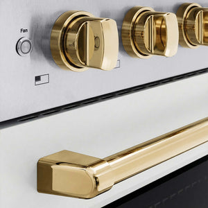 ZLINE Autograph Edition 36 in. 5.2 cu. ft. Paramount Induction Range with 5 Element Cooktop and Electric Convection Oven in Satin Stainless Steel with White Matte Door and Polished Gold Accents (SINRSZ-WM-36-G) close-up of oven and cooktop knob controls.