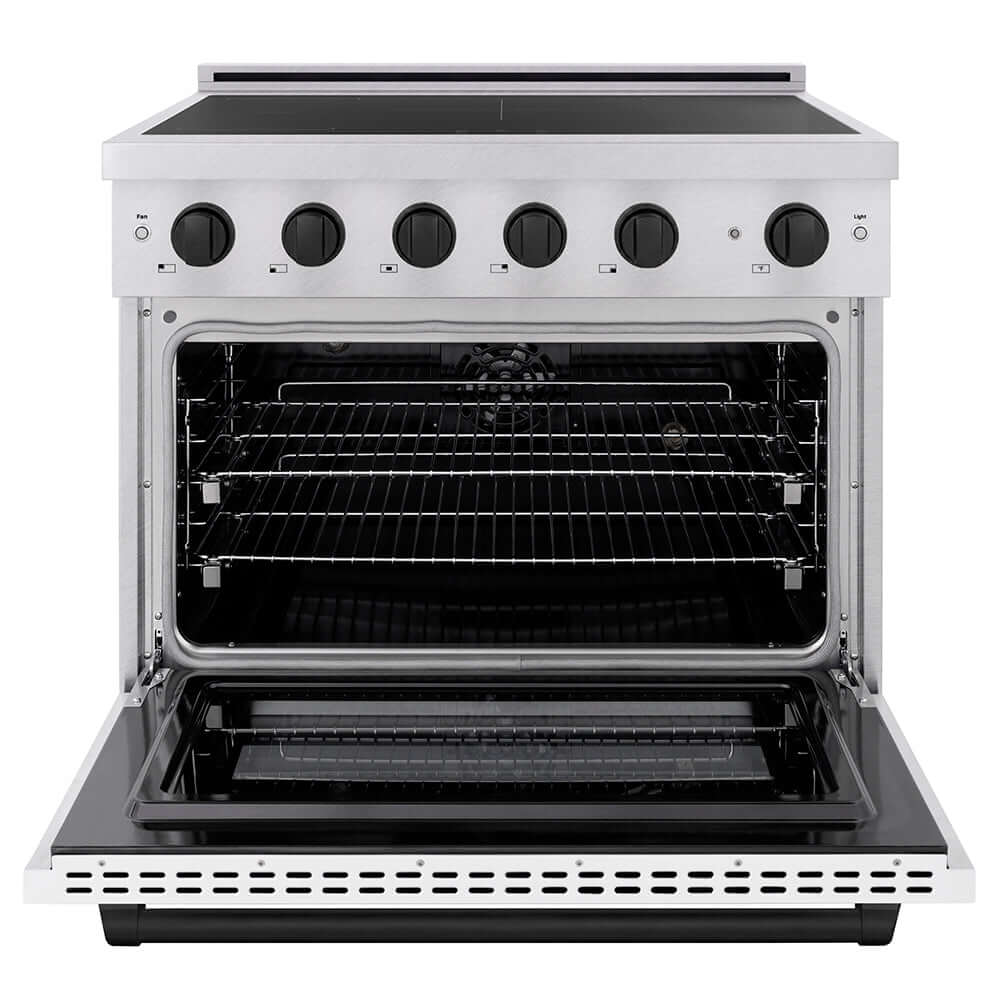 ZLINE Autograph Edition 36 in. 5.2 cu. ft. Paramount Induction Range with 5 Element Cooktop and Electric Convection Oven in Satin Stainless Steel with White Matte Door and Matte Black Accents (SINRSZ-WM-36-MB) front, oven open.
