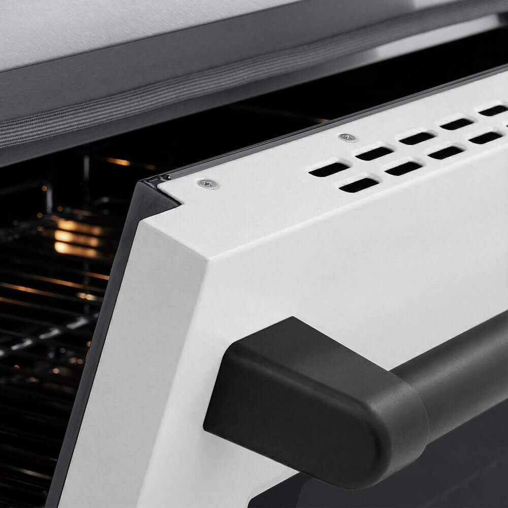 ZLINE Autograph Edition 36 in. 5.2 cu. ft. Paramount Induction Range with 5 Element Cooktop and Electric Convection Oven in Satin Stainless Steel with White Matte Door and Matte Black Accents (SINRSZ-WM-36-MB) oven door slightly open showing handle detail.