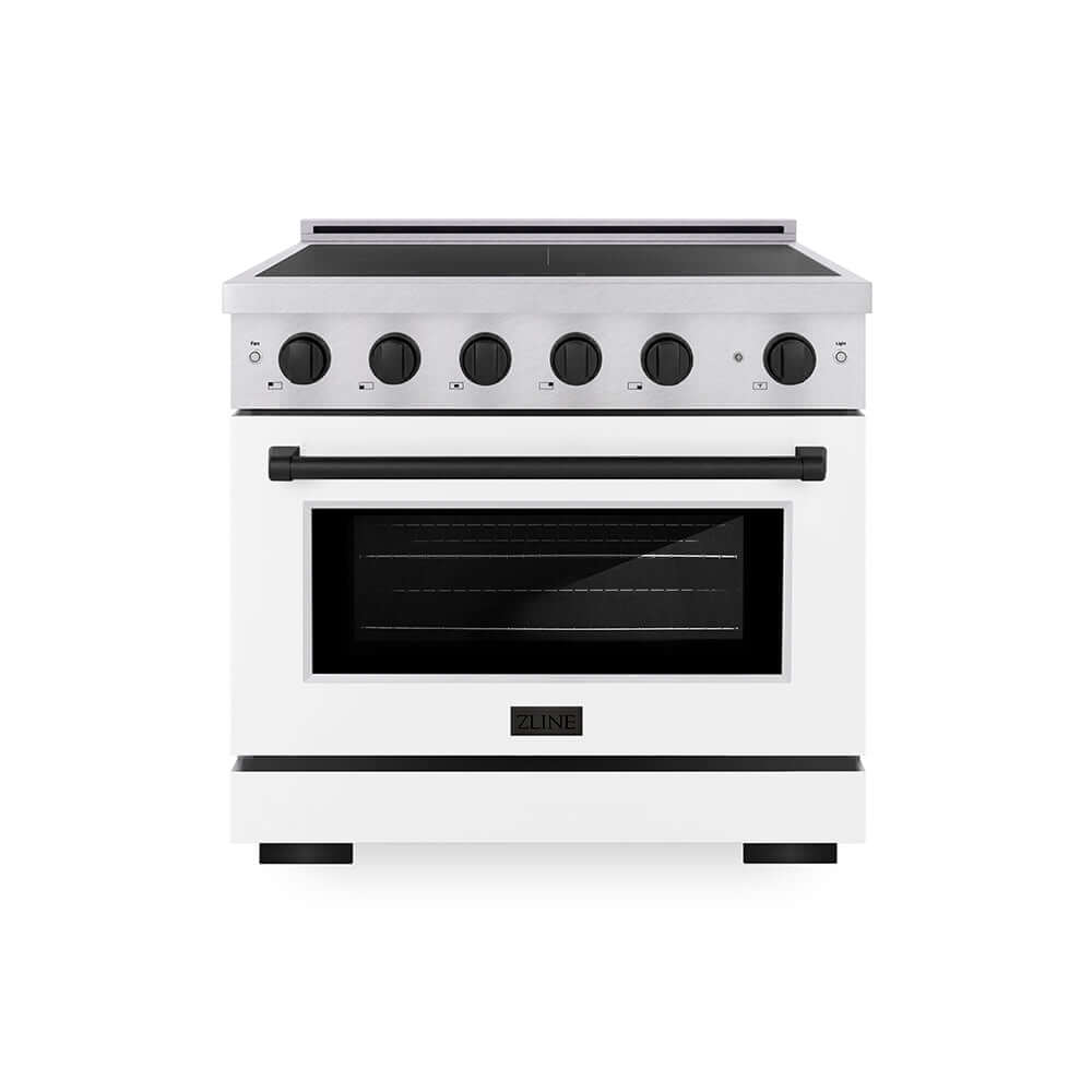 ZLINE Autograph Edition 36 in. 5.2 cu. ft. Paramount Induction Range with 5 Element Cooktop and Electric Convection Oven in Satin Stainless Steel with White Matte Door and Matte Black Accents (SINRSZ-WM-36-MB) main image.