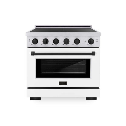 ZLINE Autograph Edition 36 in. 5.2 cu. ft. Paramount Induction Range with 5 Element Cooktop and Electric Convection Oven in Satin Stainless Steel with White Matte Door and Matte Black Accents (SINRSZ-WM-36-MB) main image.