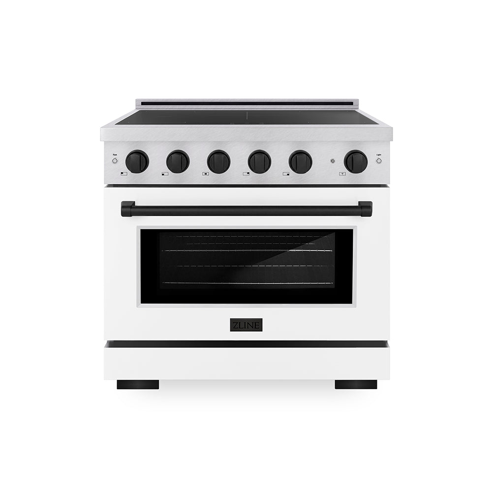 ZLINE Autograph Edition 36 in. 5.2 cu. ft. Paramount Induction Range with 5 Element Cooktop and Electric Convection Oven in Satin Stainless Steel with White Matte Door and Matte Black Accents, Open Box-Great Condition main image.