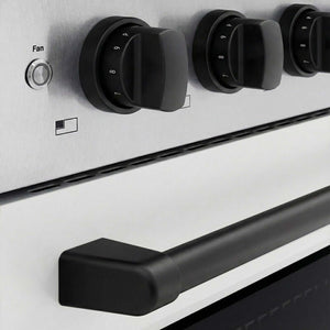 ZLINE Autograph Edition 36 in. 5.2 cu. ft. Paramount Induction Range with 5 Element Cooktop and Electric Convection Oven in Satin Stainless Steel with White Matte Door and Matte Black Accents (SINRSZ-WM-36-MB) close-up of oven and cooktop knob controls.