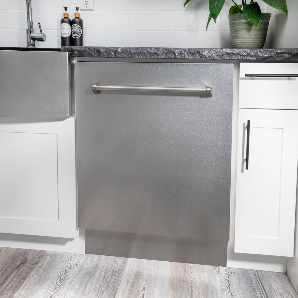 ZLINE 24 in. Tallac Series 3rd Rack Tall Tub Dishwasher with Satin Stainless Steel Panel and Stainless Steel Tub, 51dBa (DWV-SN-24) in a modern kitchen setting