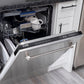 ZLINE 24 in. Tallac Series 3rd Rack Tall Tub Dishwasher with Satin Stainless Steel Panel and Stainless Steel Tub, 51dBa (DWV-SN-24) with open door showing interior and control panel in a kitchen setting