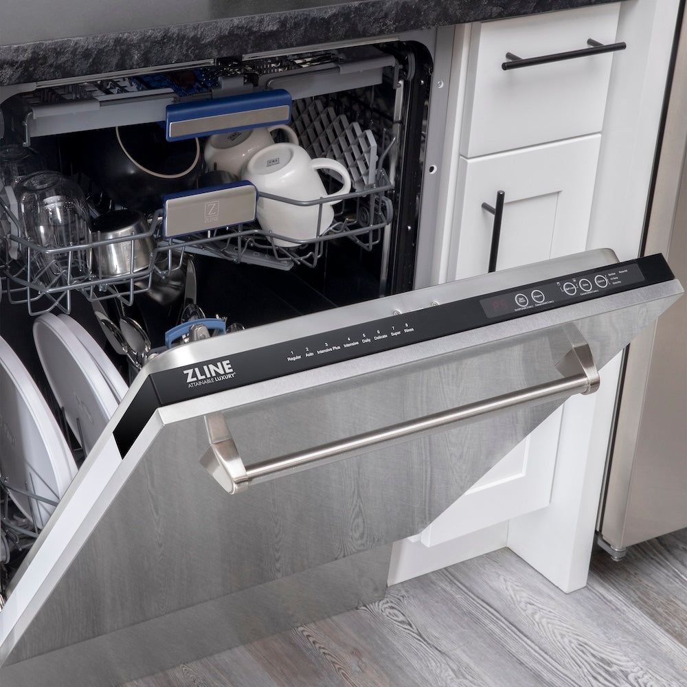 ZLINE 24 in. Tallac Series 3rd Rack Tall Tub Dishwasher with Satin Stainless Steel Panel and Stainless Steel Tub, 51dBa (DWV-SN-24) with open door showing interior and control panel in a kitchen setting