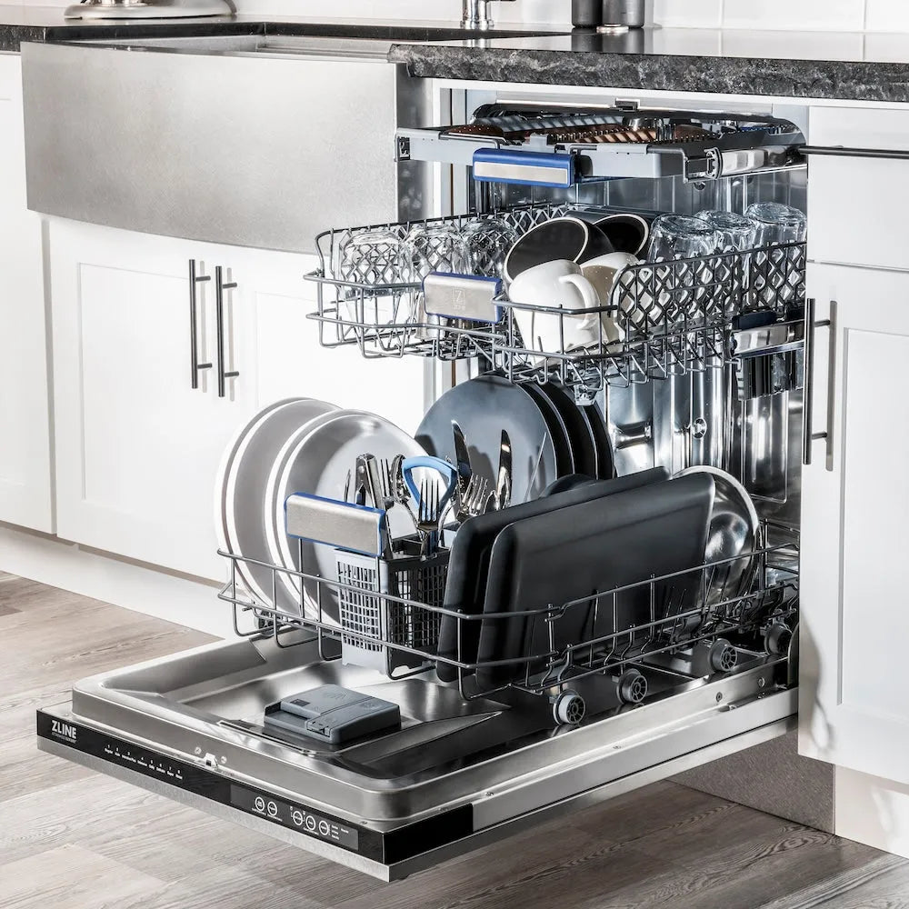 ZLINE 24 in. Tallac Series 3rd Rack Tall Tub Dishwasher with Satin Stainless Steel Panel and Stainless Steel Tub, 51dBa (DWV-SN-24) with clean dishes in a modern kitchen