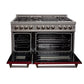 ZLINE 48 in. 6.0 cu. ft. Legacy Dual Fuel Range with 7 Burner Gas Cooktop and 2 Electric Ovens in Satin Stainless Steel and Red Gloss Doors (RAS-RG-48) front, oven open.