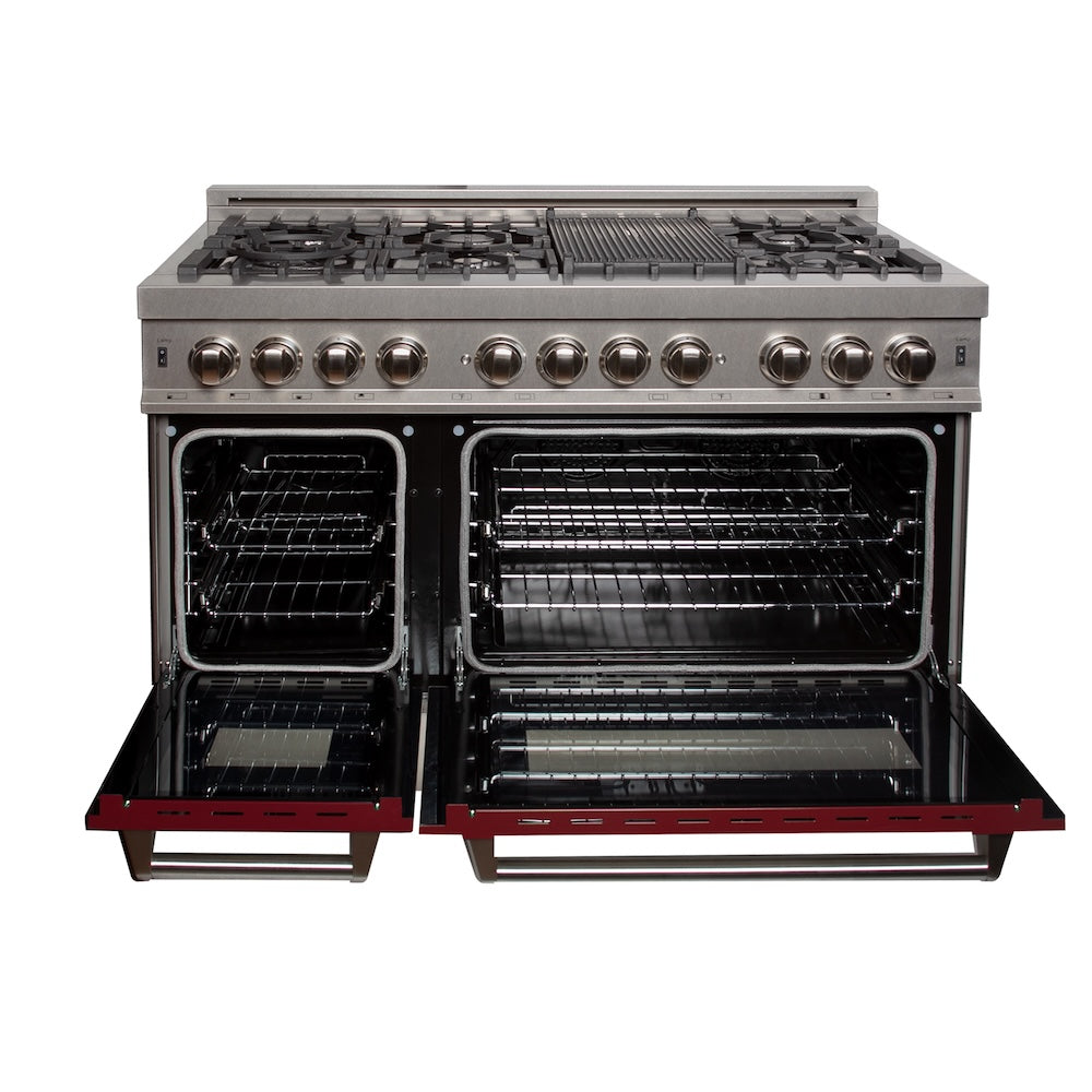 ZLINE 48 in. 6.0 cu. ft. Legacy Dual Fuel Range with 7 Burner Gas Cooktop and 2 Electric Ovens in Satin Stainless Steel and Red Gloss Doors (RAS-RG-48) front, oven open.