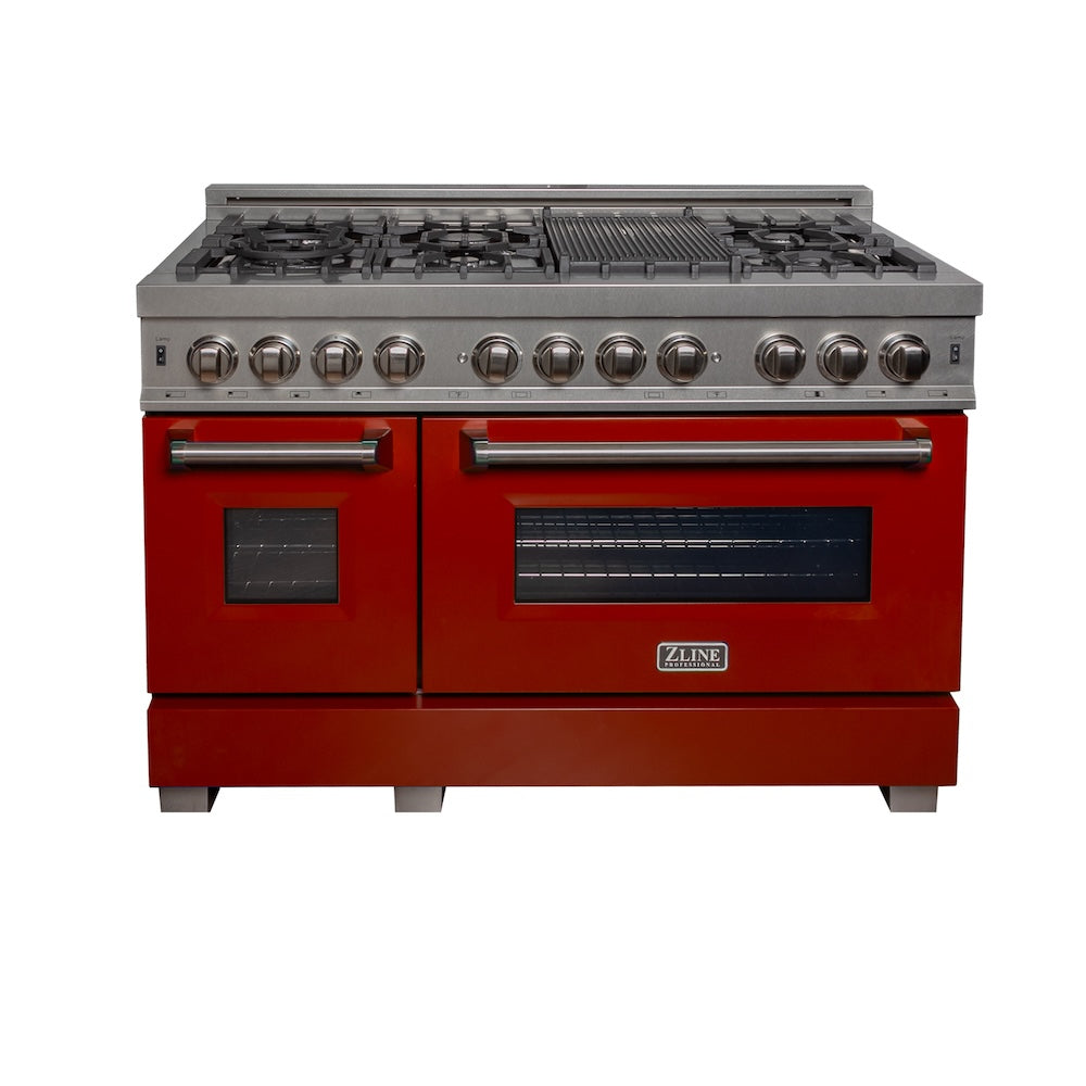 ZLINE 48 in. 6.0 cu. ft. Legacy Dual Fuel Range with 7 Burner Gas Cooktop and 2 Electric Ovens in Satin Stainless Steel and Red Gloss Doors (RAS-RG-48) front.