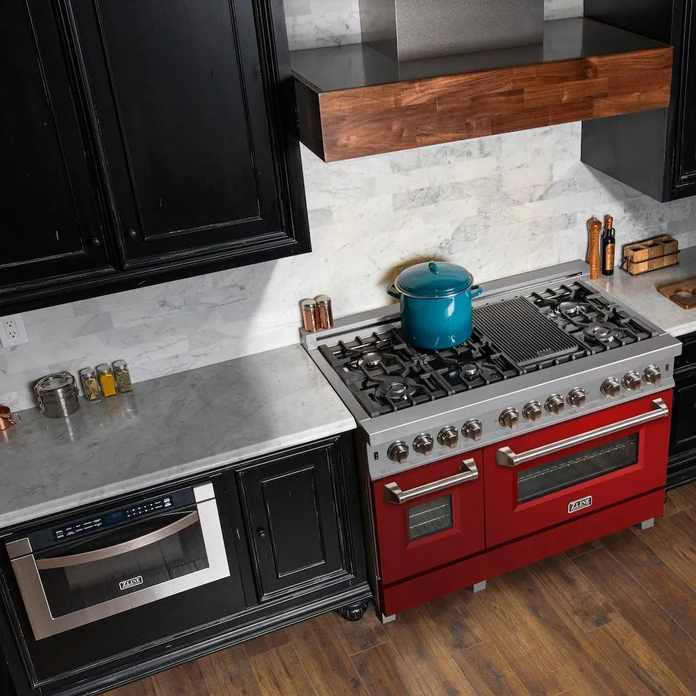 ZLINE 48 in. 6.0 cu. ft. Legacy Dual Fuel Range with 7 Burner Gas Cooktop and 2 Electric Ovens in Satin Stainless Steel and Red Gloss Doors (RAS-RG-48)