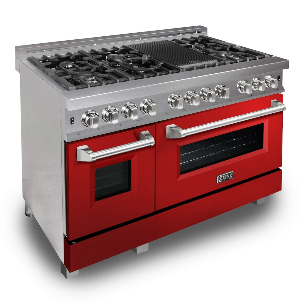 ZLINE 48 in. 6.0 cu. ft. Legacy Dual Fuel Range with 7 Burner Gas Cooktop and 2 Electric Ovens in Satin Stainless Steel and Red Gloss Doors (RAS-RG-48) main image.