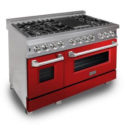 ZLINE 48 in. 6.0 cu. ft. Legacy Dual Fuel Range with 7 Burner Gas Cooktop and 2 Electric Ovens in Satin Stainless Steel and Red Gloss Doors (RAS-RG-48)