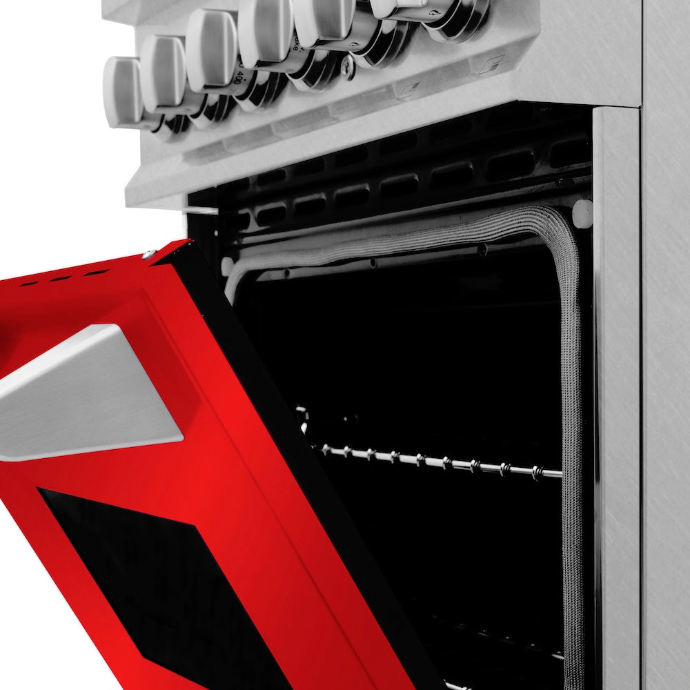 ZLINE 24 in. 2.8 cu. ft. Legacy Dual Fuel Range with 4 Burner Gas Cooktop and Electric Convection Oven in Satin Stainless Steel and Red Matte Door (RAS-RM-24)