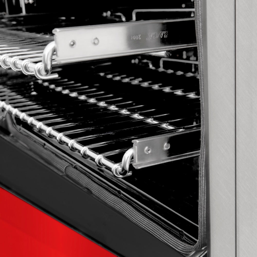 ZLINE 24 in. 2.8 cu. ft. Legacy Dual Fuel Range with 4 Burner Gas Cooktop and Electric Convection Oven in Satin Stainless Steel and Red Matte Door (RAS-RM-24)