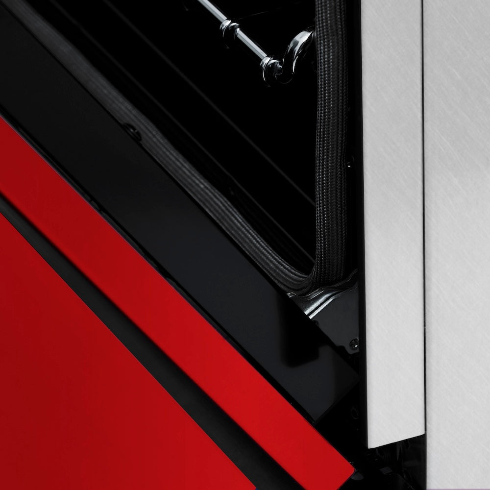 ZLINE 24 in. 2.8 cu. ft. Legacy Dual Fuel Range with 4 Burner Gas Cooktop and Electric Convection Oven in Satin Stainless Steel and Red Matte Door (RAS-RM-24) StayPut oven door hinge.