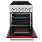 ZLINE 24 in. 2.8 cu. ft. Legacy Dual Fuel Range with 4 Burner Gas Cooktop and Electric Convection Oven in Satin Stainless Steel and Red Matte Door (RAS-RM-24) front, oven open.