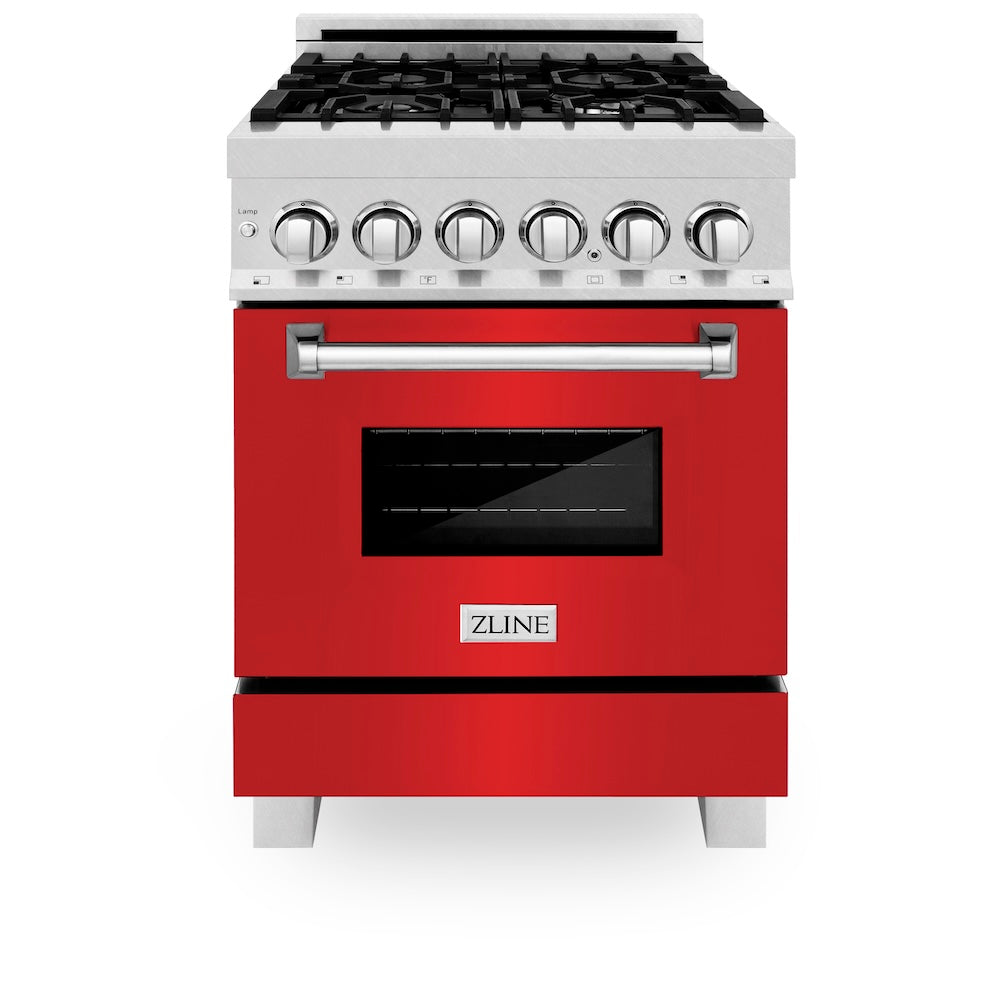 ZLINE 24 in. 2.8 cu. ft. Legacy Dual Fuel Range with 4 Burner Gas Cooktop and Electric Convection Oven in Satin Stainless Steel and Red Matte Door (RAS-RM-24) front.