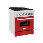 ZLINE 24 in. 2.8 cu. ft. Legacy Dual Fuel Range with 4 Burner Gas Cooktop and Electric Convection Oven in Satin Stainless Steel and Red Matte Door (RAS-RM-24) main image.
