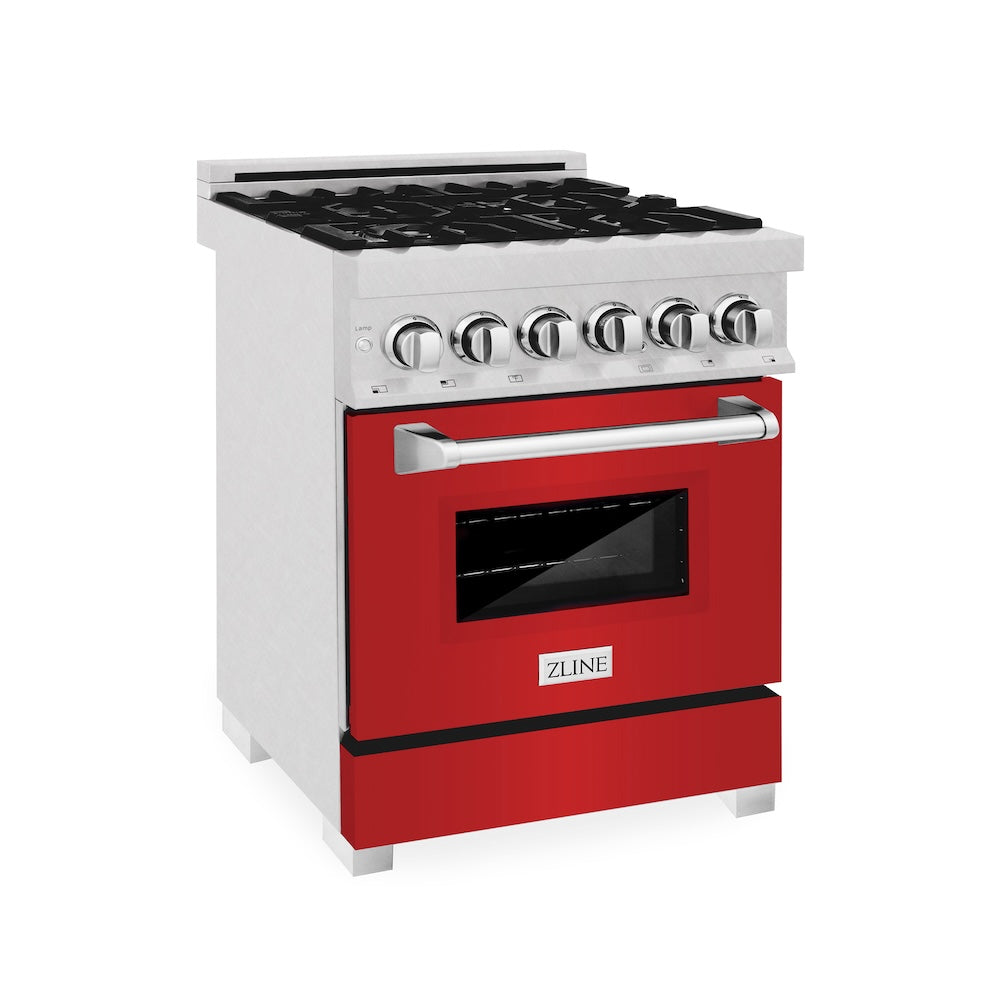 ZLINE 24 in. 2.8 cu. ft. Legacy Dual Fuel Range with 4 Burner Gas Cooktop and Electric Convection Oven in Satin Stainless Steel and Red Matte Door (RAS-RM-24) main image.
