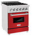 ZLINE 24 in. 2.8 cu. ft. Legacy Dual Fuel Range with 4 Burner Gas Cooktop and Electric Convection Oven in Satin Stainless Steel and Red Matte Door (RAS-RM-24) side.