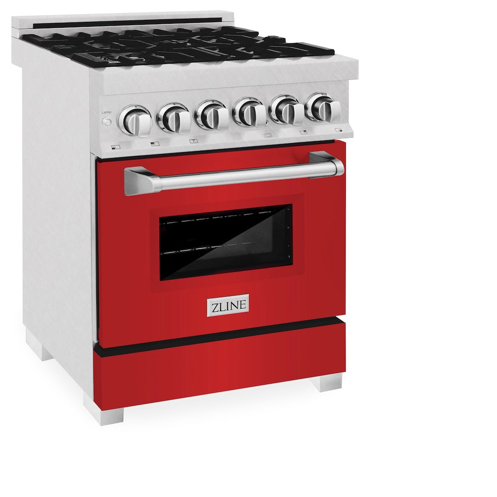 ZLINE 24 in. 2.8 cu. ft. Legacy Dual Fuel Range with 4 Burner Gas Cooktop and Electric Convection Oven in Satin Stainless Steel and Red Matte Door (RAS-RM-24) side.