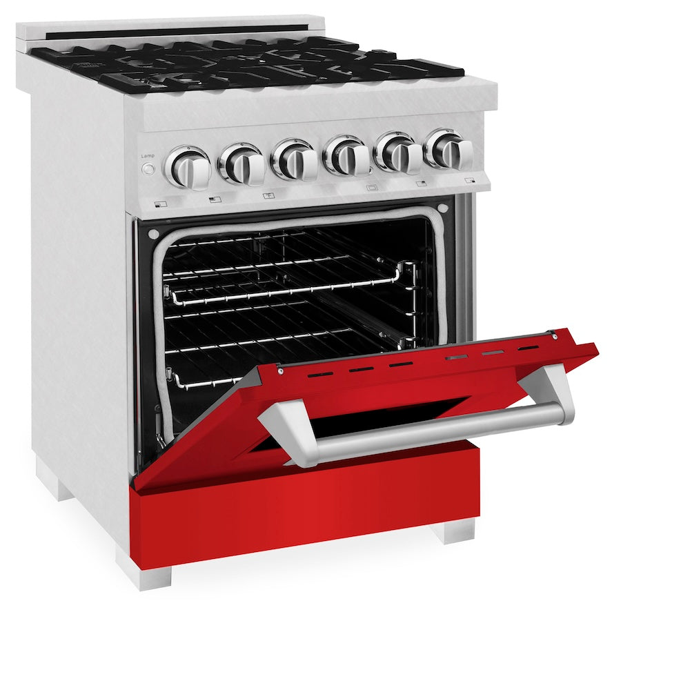 ZLINE 24 in. 2.8 cu. ft. Legacy Dual Fuel Range with 4 Burner Gas Cooktop and Electric Convection Oven in Satin Stainless Steel and Red Matte Door (RAS-RM-24)