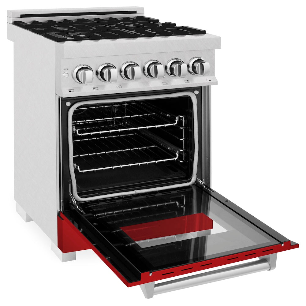 ZLINE 24 in. 2.8 cu. ft. Legacy Dual Fuel Range with 4 Burner Gas Cooktop and Electric Convection Oven in Satin Stainless Steel and Red Matte Door (RAS-RM-24) side, oven open.