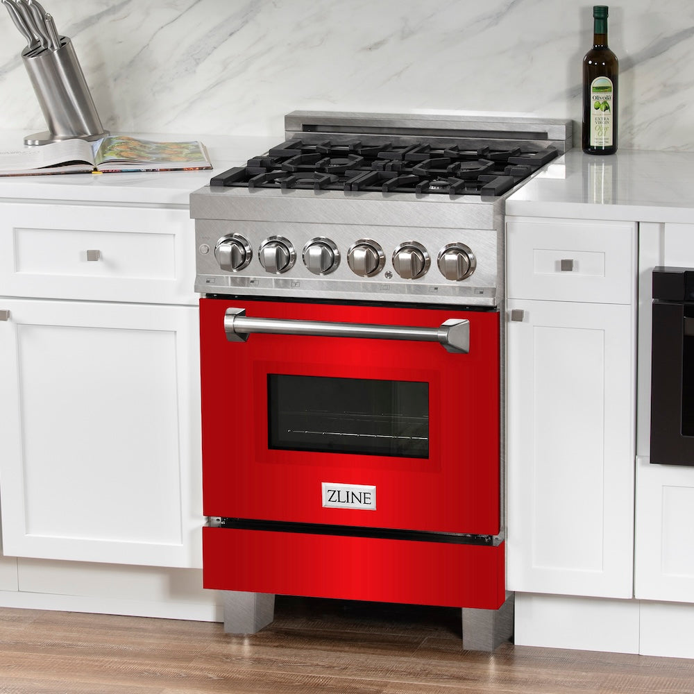 ZLINE 24 in. 2.8 cu. ft. Legacy Dual Fuel Range with 4 Burner Gas Cooktop and Electric Convection Oven in Satin Stainless Steel and Red Matte Door (RAS-RM-24)