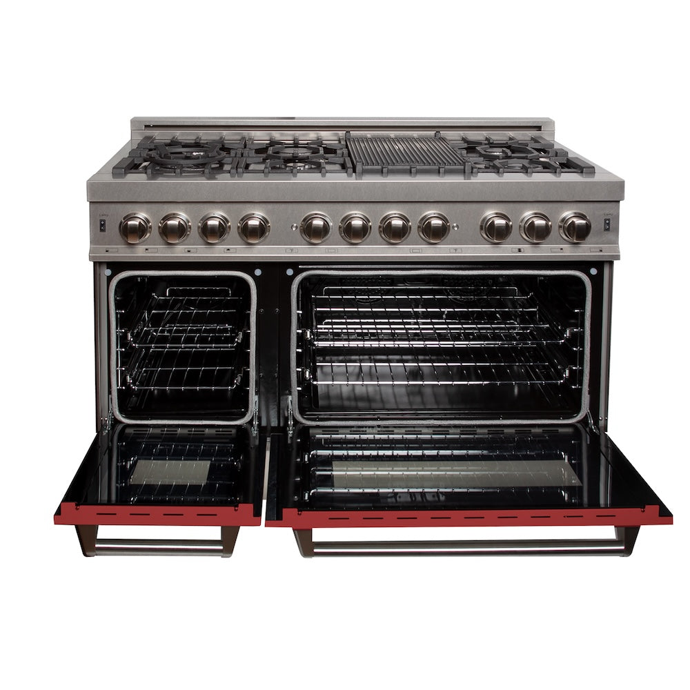 ZLINE 48 in. 6.0 cu. ft. Legacy Dual Fuel Range with 7 Burner Gas Cooktop and 2 Electric Ovens in Satin Stainless Steel and Red Matte Doors (RAS-RM-48) front, oven open.