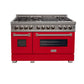 ZLINE 48 in. 6.0 cu. ft. Legacy Dual Fuel Range with 7 Burner Gas Cooktop and 2 Electric Ovens in Satin Stainless Steel and Red Matte Doors (RAS-RM-48) front.