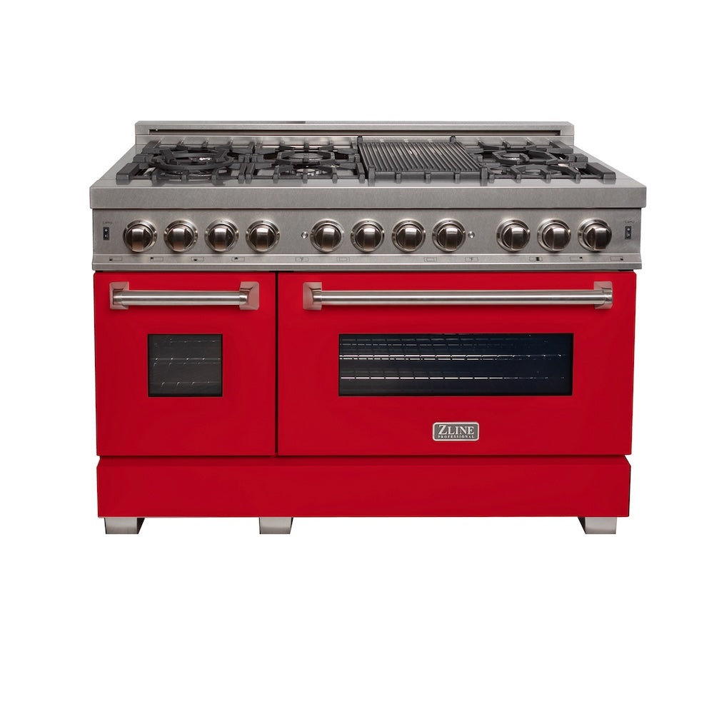ZLINE 48 in. 6.0 cu. ft. Legacy Dual Fuel Range with 7 Burner Gas Cooktop and 2 Electric Ovens in Satin Stainless Steel and Red Matte Doors (RAS-RM-48) front.