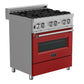 ZLINE 30 in. 4.0 cu. ft. Legacy Dual Fuel Range with 4 Burner Gas Cooktop and Electric Convection Oven in Satin Stainless Steel and Red Matte Door (RAS-RM-30) side.