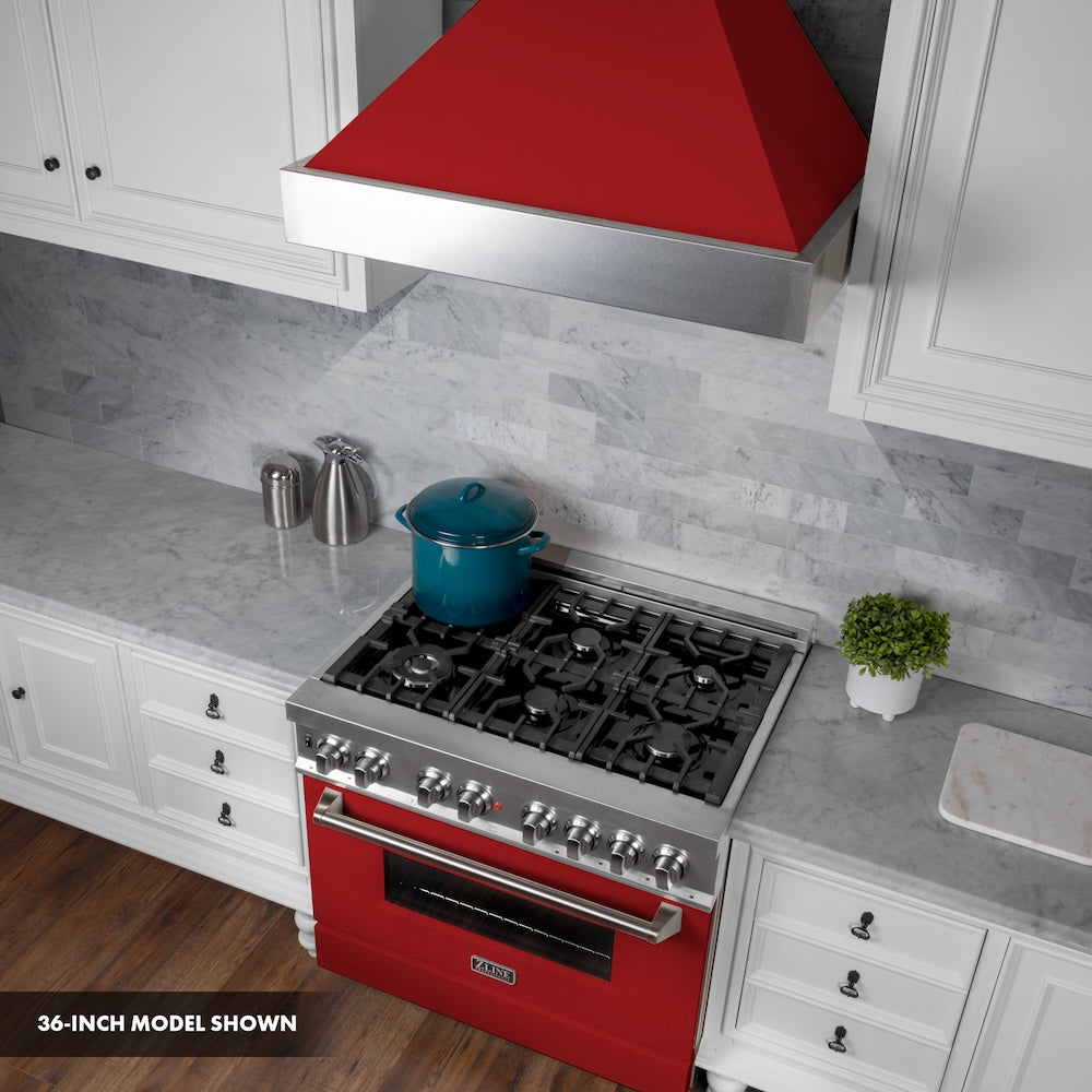 ZLINE 30 in. 4.0 cu. ft. Legacy Dual Fuel Range with 4 Burner Gas Cooktop and Electric Convection Oven in Satin Stainless Steel and Red Matte Door (RAS-RM-30)