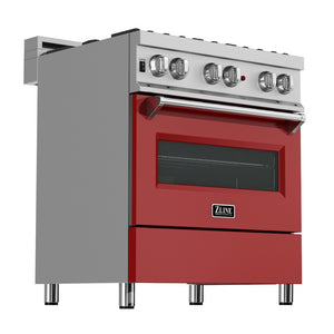 ZLINE 30 in. 4.0 cu. ft. Legacy Dual Fuel Range with 4 Burner Gas Cooktop and Electric Convection Oven in Satin Stainless Steel and Red Matte Door (RAS-RM-30) main image.