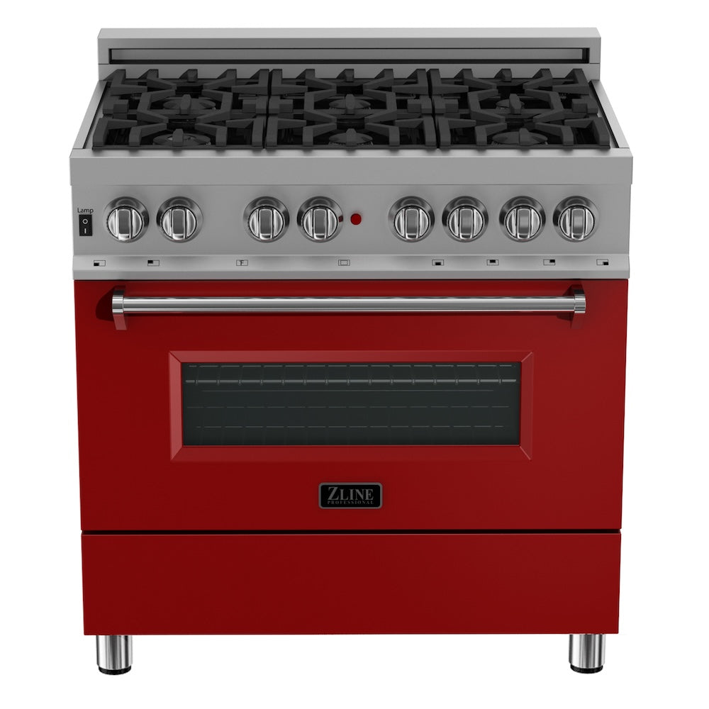 ZLINE 36 in. 4.6 cu. ft. Legacy Dual Fuel Range with 6 Burner Gas Cooktop and Electric Convection Oven in Satin Stainless Steel and Red Matte Door (RAS-RM-36) front.