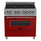 ZLINE 36 in. 4.6 cu. ft. Legacy Dual Fuel Range with 6 Burner Gas Cooktop and Electric Convection Oven in Satin Stainless Steel and Red Matte Door (RAS-RM-36) front.