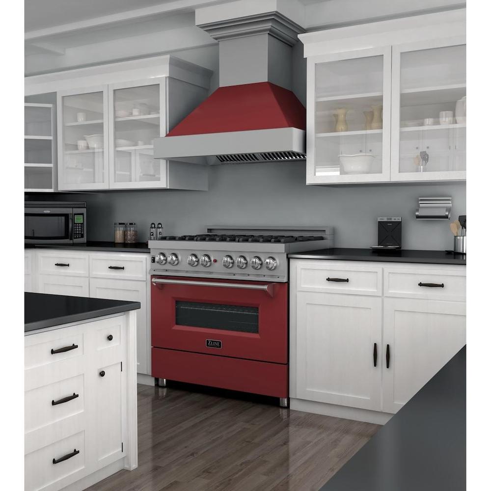 ZLINE 36 in. 4.6 cu. ft. Legacy Dual Fuel Range with 6 Burner Gas Cooktop and Electric Convection Oven in Satin Stainless Steel and Red Matte Door (RAS-RM-36)