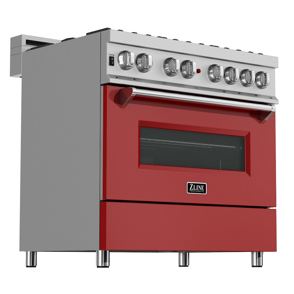 ZLINE 36 in. 4.6 cu. ft. Legacy Dual Fuel Range with 6 Burner Gas Cooktop and Electric Convection Oven in Satin Stainless Steel and Red Matte Door (RAS-RM-36) main image.
