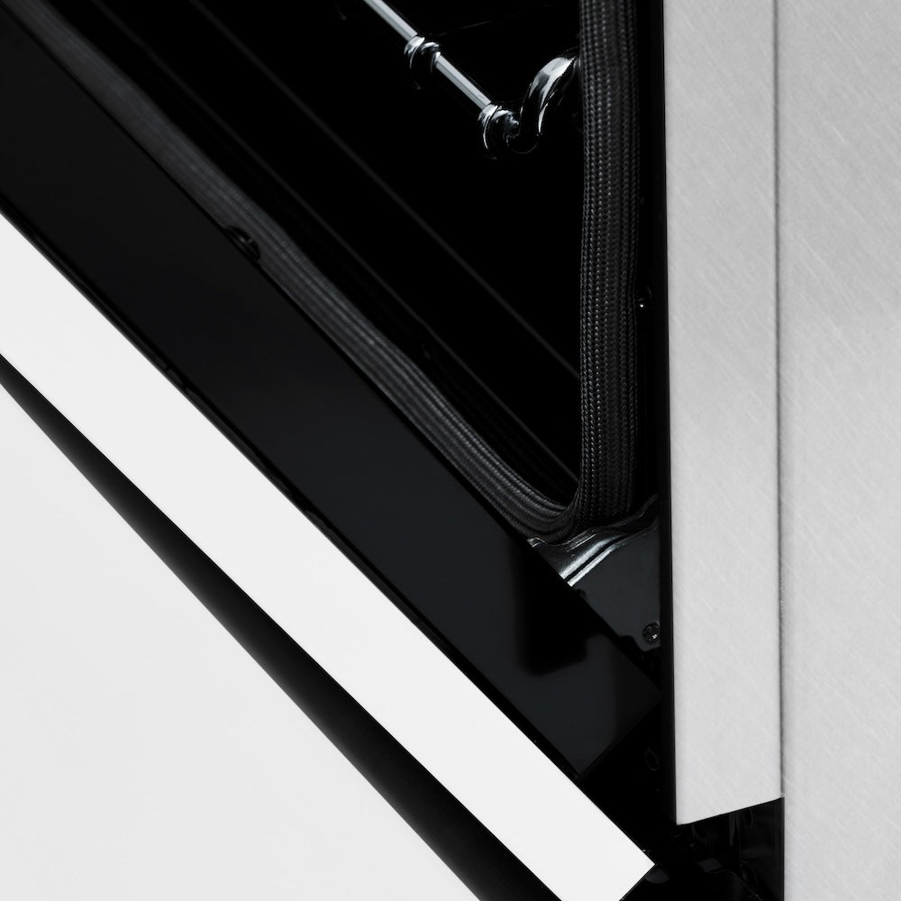 ZLINE 24 in. 2.8 cu. ft. Legacy Dual Fuel Range with 4 Burner Gas Cooktop and Electric Convection Oven in Satin Stainless Steel and White Matte Door (RAS-WM-24) StayPut oven door hinge.