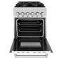 ZLINE 24 in. 2.8 cu. ft. Legacy Dual Fuel Range with 4 Burner Gas Cooktop and Electric Convection Oven in Satin Stainless Steel and White Matte Door (RAS-WM-24) front, oven open.