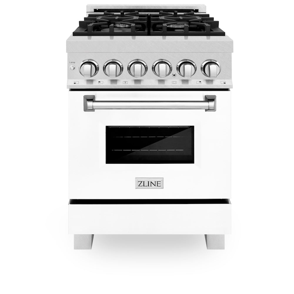 ZLINE 24 in. 2.8 cu. ft. Legacy Dual Fuel Range with 4 Burner Gas Cooktop and Electric Convection Oven in Satin Stainless Steel and White Matte Door (RAS-WM-24) front.