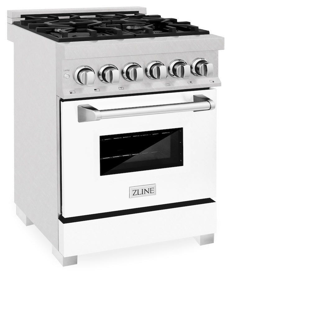 ZLINE 24 in. 2.8 cu. ft. Legacy Dual Fuel Range with 4 Burner Gas Cooktop and Electric Convection Oven in Satin Stainless Steel and White Matte Door (RAS-WM-24) side.