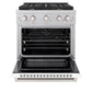 ZLINE 30 in. 4.2 cu. ft. Paramount Dual Fuel Range with 4 Burner Gas Cooktop and Electric Convection Oven in Satin Stainless Steel with White Matte Door (SDRS-WM-30) front, oven open.