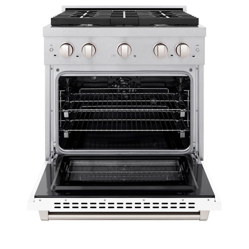 ZLINE 30 in. 4.2 cu. ft. Paramount Dual Fuel Range with 4 Burner Gas Cooktop and Electric Convection Oven in Satin Stainless Steel with White Matte Door (SDRS-WM-30) front, oven open.