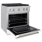 ZLINE 30 in. 4.2 cu. ft. Paramount Dual Fuel Range with 4 Burner Gas Cooktop and Electric Convection Oven in Satin Stainless Steel with White Matte Door (SDRS-WM-30) side, open.
